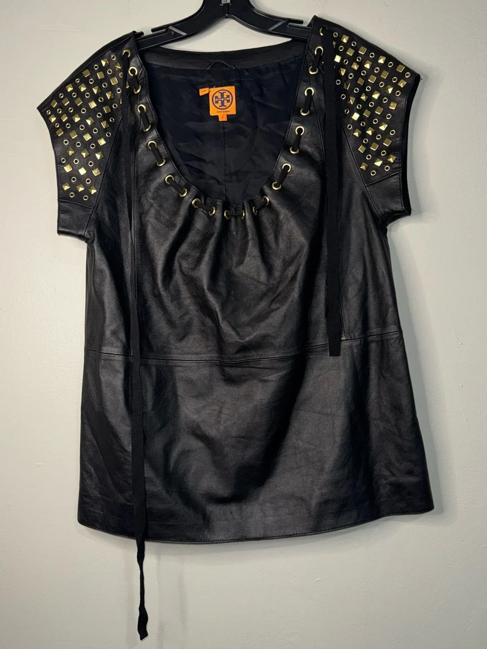 Tory Burch Black Leather Top with Gold Stud Accents